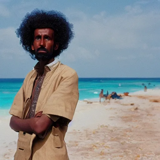 Image similar to a somali man with curly hair, in a movie still by wes anderson of a beautiful day on an island, visible magic energy, dream high fashion costumes, cinestill 8 0 0 t eastmancolor, high quality, heavy grain