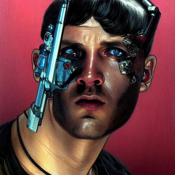 Prompt: excellent painted portrait of a replicant sanitation worker from blade runner (1982), cyberpunk blade runner art, character artwork, 8k resolution artwork, trending on artstation, detailed oil painting portrait, art by artgerm and greg rutkowski and alphonse mucha and craig mullins and James Jean and Andrei Riabovitchev and Marc Simonetti and peter mohrbacher, matte painting