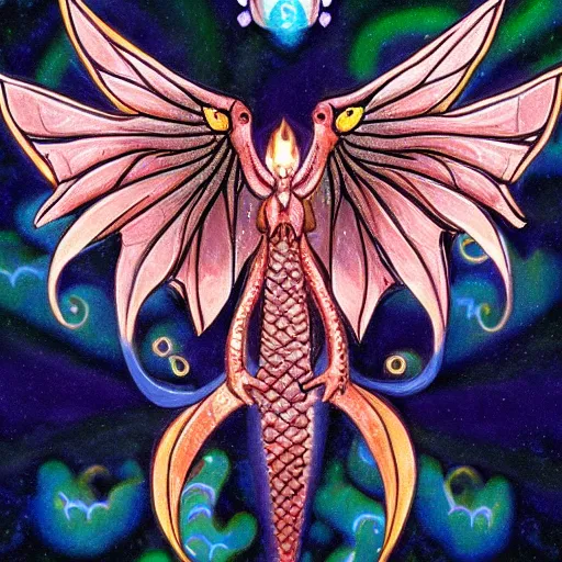 Image similar to a baby dragon 🐉 with beautiful wings. the name is ohmu. blissful light worm heart
