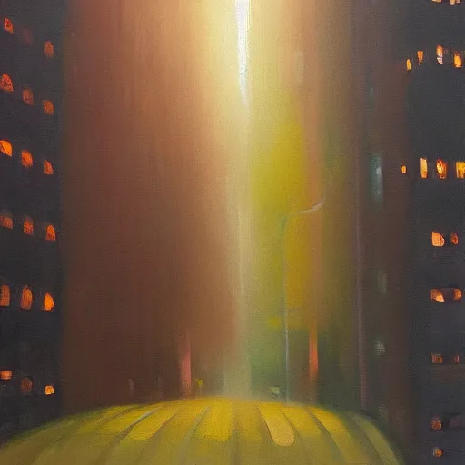 Image similar to dense city canyon fog emerald light oil painting