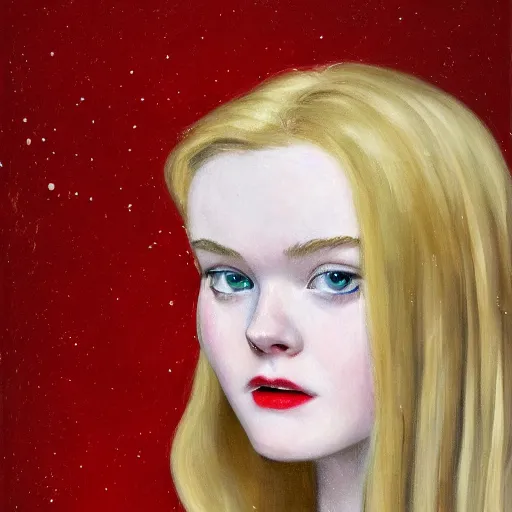 Prompt: Painting of Elle Fanning surrounded by red snow, 60s ad, long blonde hair, delicate, pale milky white porcelain skin, by Edward Hopper. 8K. Extremely detailed.