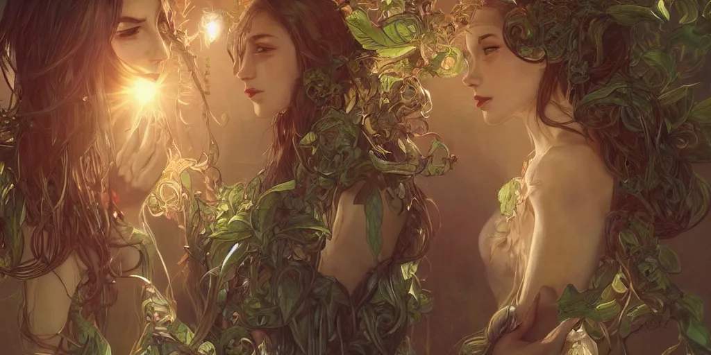 Prompt: scary plant people with tendrils, ominous, intense lighting, light beams, lens flare, intricate, elegant, highly detailed, digital painting, artstation, concept art, smooth, sharp focus, illustration, art by artgerm and serpentigena and alphonse mucha