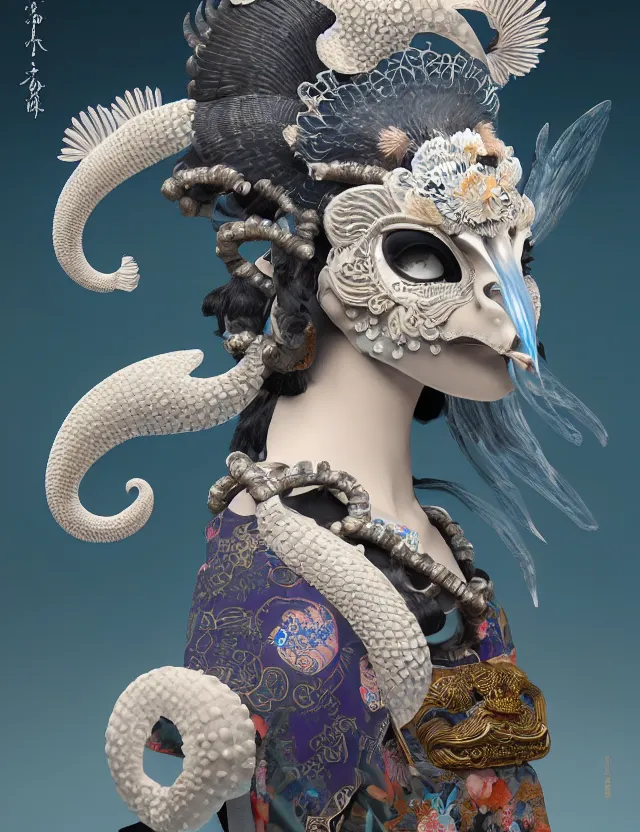 Image similar to 3 d goddess bottom - up with ram skull. beautiful intricately detailed japanese crow kitsune mask and clasical japanese kimono. betta fish, jellyfish phoenix, bio luminescent, plasma, ice, water, wind, creature, artwork by tooth wu and wlop and beeple and greg rutkowski