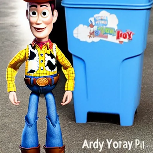 Image similar to andy from toy story thrown out the trash