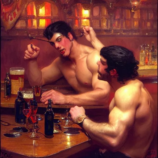 Image similar to attractive masculine mike, wearing pants, with dark red hair with attractive tyler with black hair, drinking their hearts out, in a pub, no shirt. very defined and highly detailed painting by gaston bussiere, j. c. leyendecker, craig mullins 8 k