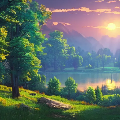 Prompt: a masterpiece detailed beautiful landscape of russian village, trees, lake, mountains, golden hour, sunset, by Makoto Shinkai and Ivan Shishkin