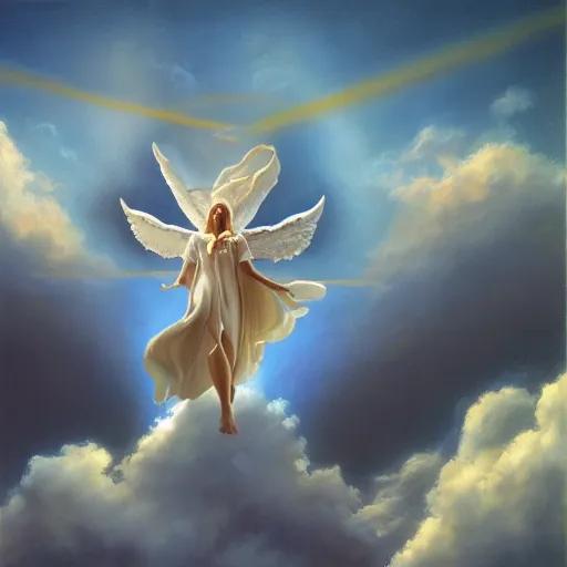 Image similar to realistic painting of a magical angel flying in the sky by michael whelan, ultra realistic, 8 k, trending on artstation, octane renderer, mesmerizing, aesthetic, beautiful