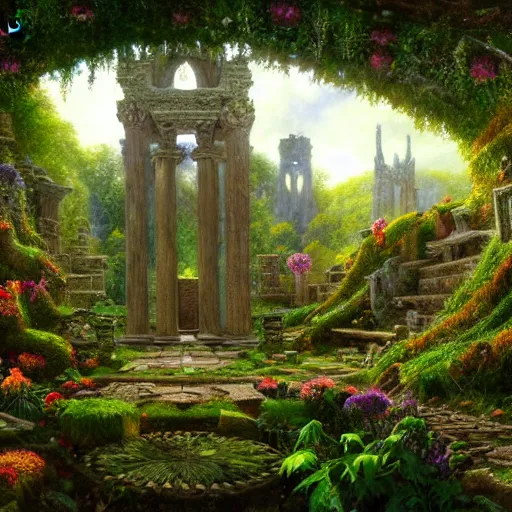 Image similar to a beautiful and highly detailed matte painting of a lost celtic temple in a magical fantasy garden, colorful flowers, psychedelic patterns, epic scale, insanely complex, hyperdetailed, sharp focus, hyperrealism, artstation, cgsociety, 8 k, bright colors, by caspar friedrich, albert bierstadt, james gurney, brian froud,