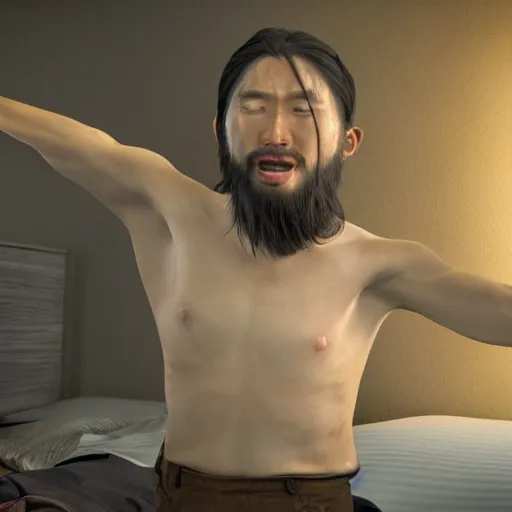 Prompt: hyper realistic unreal engine 4 render of a half - cat half - human asian jesus performing a miracle on a blind human