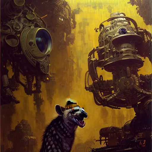 Prompt: portrait of a hyena gnoll doctor. futuristic spaceship. shadowrun furaffiniy cyberpunk fantasy highly detailed painting by gaston bussiere craig mullins jc leyendecker gustav klimt artgerm greg rutkowski john berkey, bergey, craig mullins, ruan jia, raymond swanland, jeremy mann, tom lovell, alex malveda