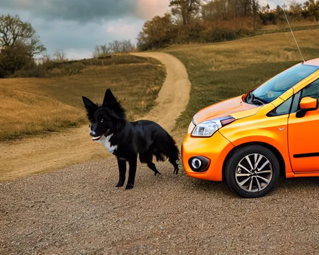 Image similar to border collie dog driving an orange nissan note, dog driving car, rally driving photo, award winning photo, golden hour, perfect composition