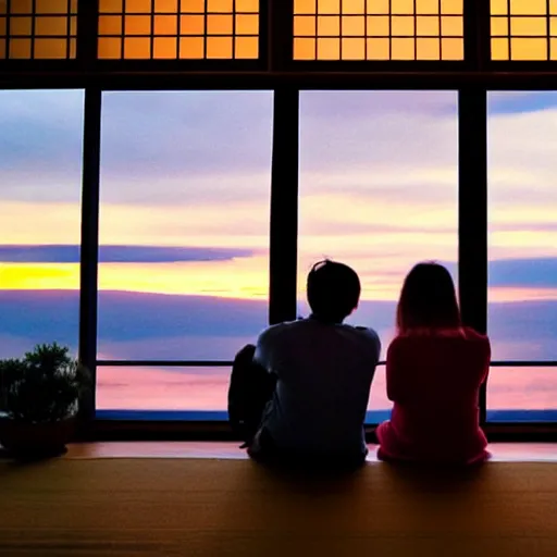 Image similar to a cozy room in Japan with the sunset through the windows and a couple watching the sunset together