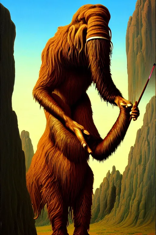 Prompt: classic oil painting, an anthropomorphic bipedal mammoth that is holding a painter's palette and paint brush, as a dnd character, inside a professional art studio, cottagecore, highly detailed, digital illustration, concept art, smooth, sharp focus, art by greg hildebrandt, and tim hildebrandt