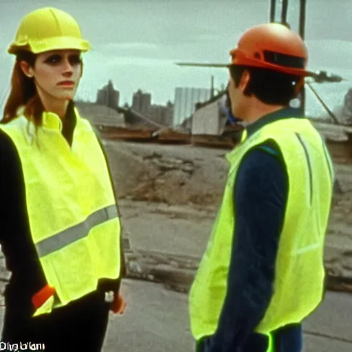 Image similar to photo, close up, emma watson in a hi vis vest, in warehouse, android cameraphone, as seen in 1 9 6 8 action movie, 2 6 mm,