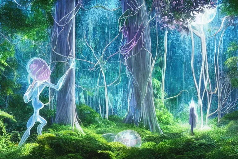 Prompt: hyperrealistic shining transparent person at mystical blue color scheme exotic forest, white pink glowing foliage, large tall trunks trees, intricate hanging vines, moss by miyazaki, nausicaa ghibli, moebius