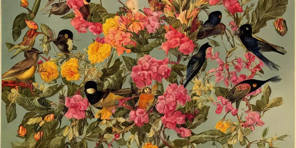 Image similar to vintage illustration, bizarre compositions, blend of flowers, fruits, birds by beto val, john james audubon, exquisite detail