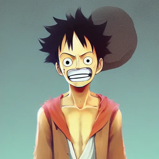 Image similar to portrait of Luffy From one piece looking to camera smiling , artwork and style by Sergey Kolesov, arstation,