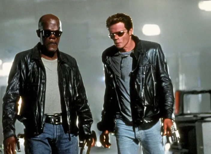 Image similar to Samuel L. Jackson plays Terminator wearing leather jacket and his endoskeleton is visible, action scene from the film