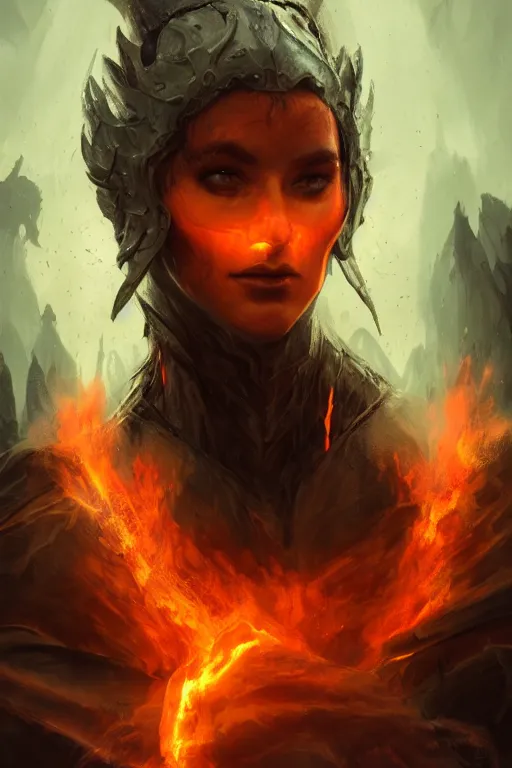 Prompt: princess of eternal fire and death, face portrait, raphael lacoste, eddie mendoza, alex ross, concept art, matte painting, highly detailed, rule of thirds, dynamic lighting, cinematic, detailed, denoised, centerd