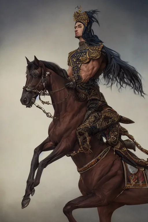 Prompt: 3 quarter view photography portrait of a prince stalion horse , organed, tatooed, intricate details, muscles, elegant, divine, illustrated by greg rutkowski and Akira Saito and Peter mohrbacher, 4k,