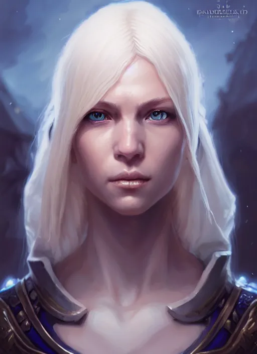 Image similar to a fantasy style portrait painting of shy white female paladin with blonde hair and blue eyes shy, scar under left eye, holy oil painting unreal 5 daz. rpg portrait extremely detailed artgerm greg rutkowski _ greg