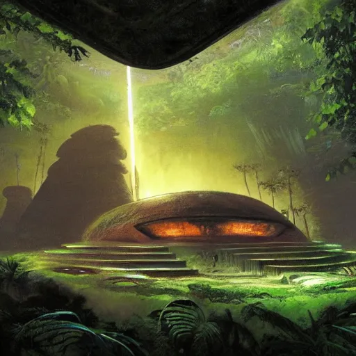 Image similar to ancient monument in the jungle, lost alien civilization, ancient alien tools and houses, tropical forest, glowing alien monuments, alien relic, syd mead, john harris, art station, flowers