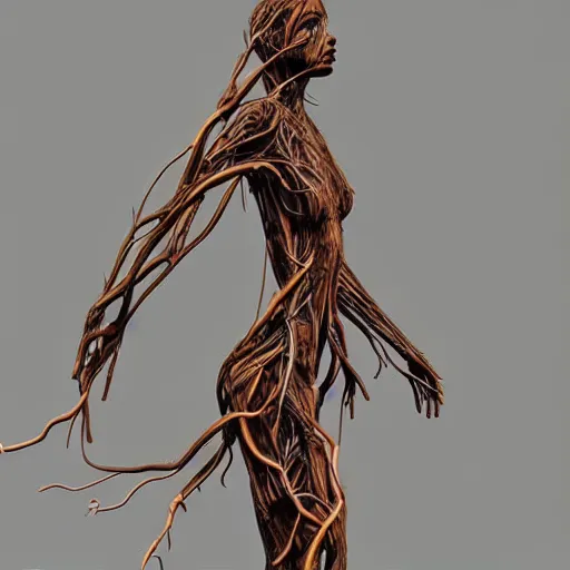 Image similar to digital art, Abstract art, humain female body made of roots, intricate roots, trending on artstation, -640