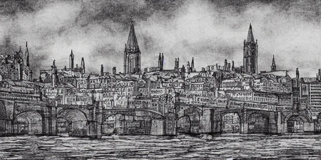 Prompt: pen and ink illustration, ancient London, city buildings on top of tall bridge structure, over the ocean, tall arches, fading off to the horizon, steam punk, artstation