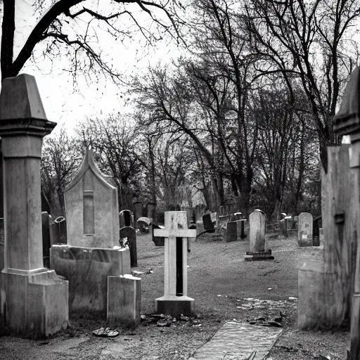 Prompt: Creepy entrance of a cemetery with a grey weather