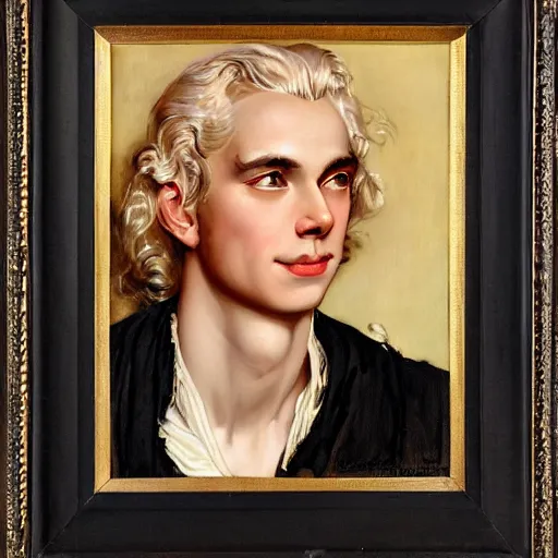 Image similar to beautiful portrait painting of Viserys Targaryen with long curly blond hair, delicate young man wearing a wispy pink silk dress smiling sleepily at the viewer, symmetrically parted curtain bangs, in love by J.C Leyendecker and Norman Rockwell