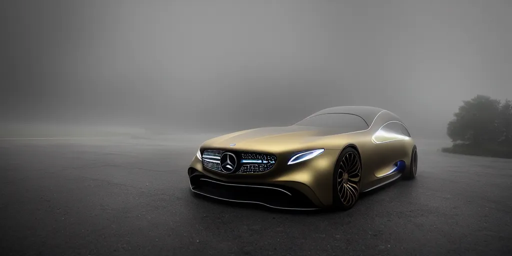 Image similar to parked Mercedes Benz Vision AVTR car, fog, rain, volumetric lighting, beautiful, golden hour, sharp focus, highly detailed, cgsociety