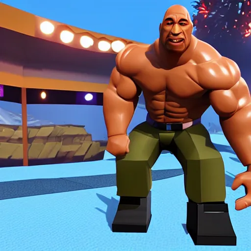 Image similar to screenshot from roblox game dwayne the rock johnson as roblox character