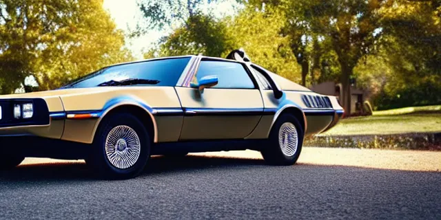 Image similar to a single delorean and 1 9 6 9 dodge charger hybrid, dslr