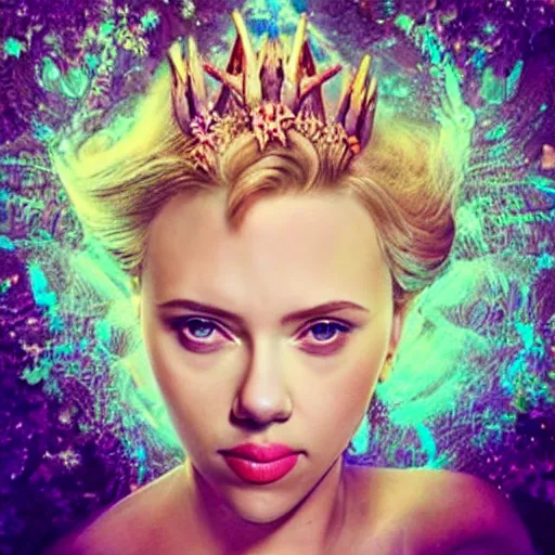 Image similar to “Scarlett Johansson portrait, fantasy, mermaid, cartoon, pearls, glowing hair, shells, gills, crown, water, highlights, starfish”