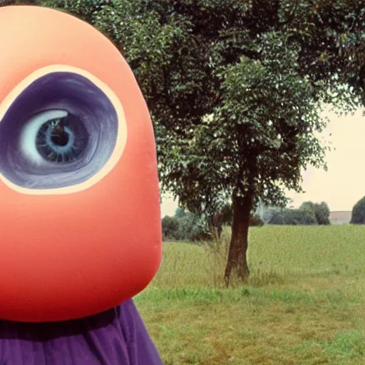 Prompt: middle-agedwoman wearing an inflatable nose, with extra eyeballs, in the countryside 1979 arthouse film, archival footage, technicolor film expired film
