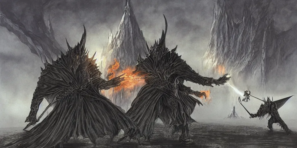 Prompt: illustration of Sauron fighting Saruman, the lord of the rings, by John Howe