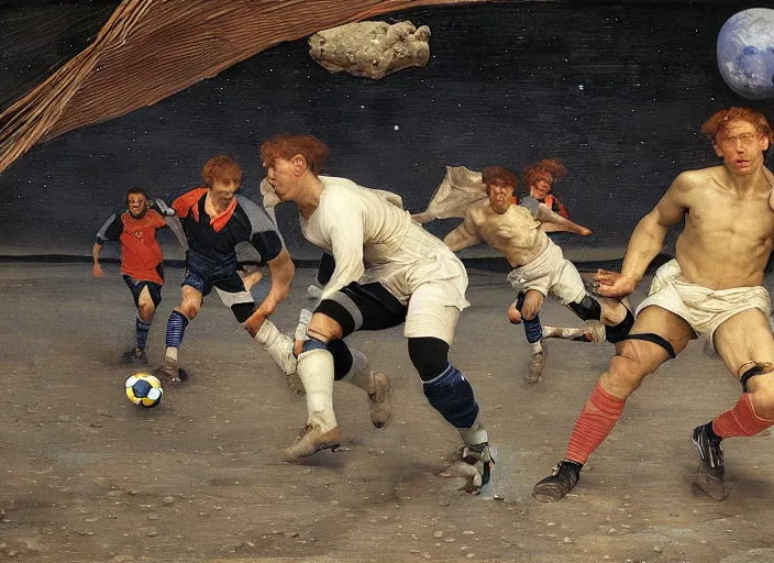 Image similar to a soccer match on the moon by edgar maxence and caravaggio and michael whelan and delacroix style, artistic, intricate painting, cinematic lighting, hyper realistic, extremely detailed, establishing shot, 8 k resolution, dramatic lighting