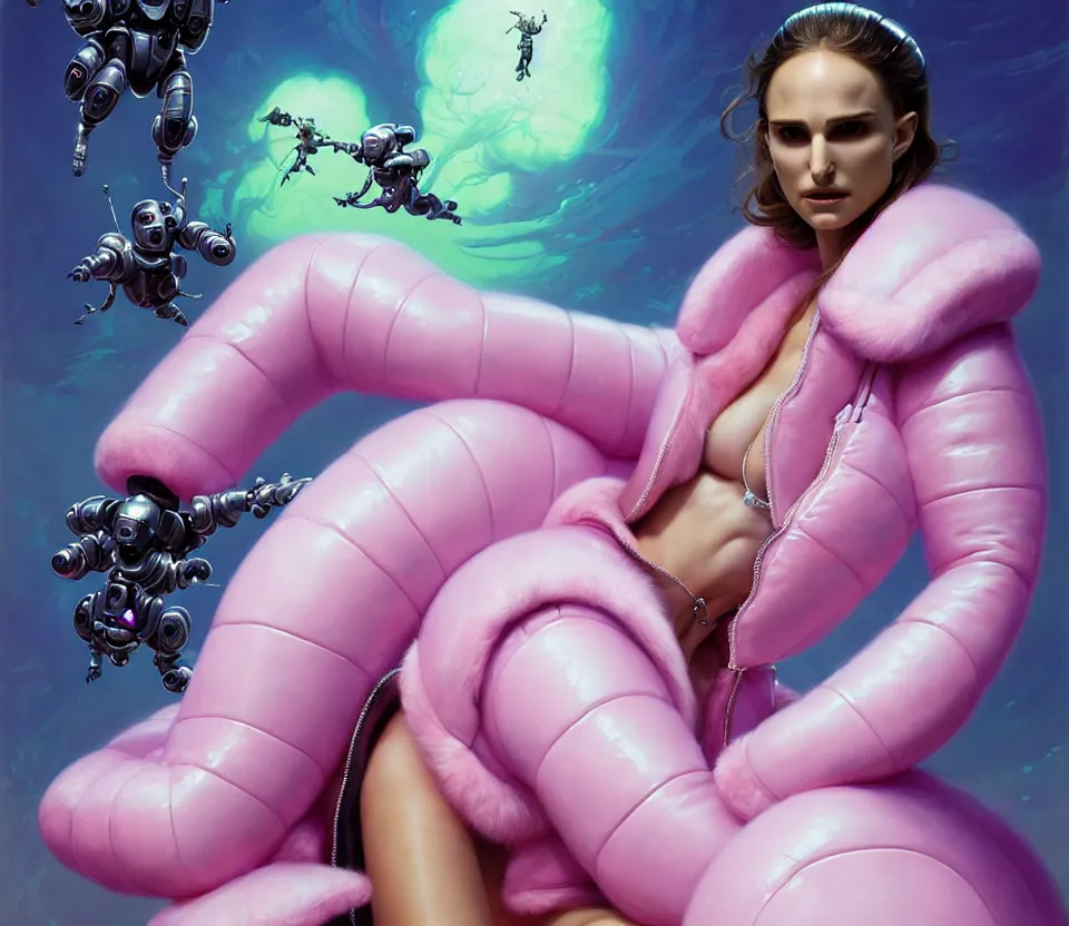 Prompt: beautiful fantasy character portrait, natalie portman, wearing pink puffy bomber jacket with white fur, seductive reclining pose, futuristic chrome drones, robots, ultra realistic, dramatic green lighting, the fifth element artifacts, highly detailed by peter mohrbacher, hajime sorayama, wayne barlowe, boris vallejo, aaron horkey, gaston bussiere, craig mullins