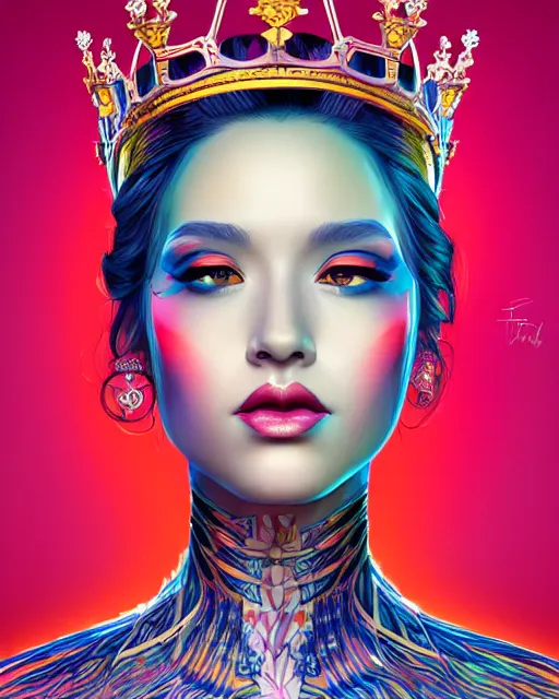 Image similar to richly detailed color illustration of a queen surrounded by beautiful penstriping large format image illustrated by artgerm and mina petrovic and timothy kong and marina federovna 3 d shadowing.