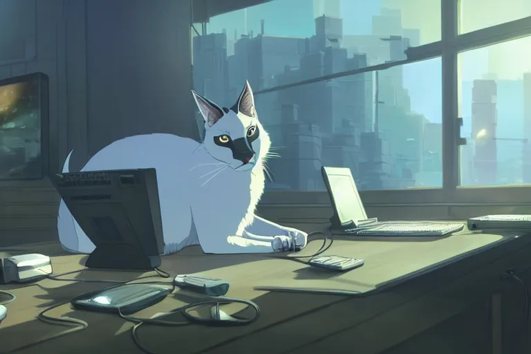 Image similar to a nerdy caracal is programming at a computer in a room full of gadgets, by makoto shinkai and ghibli studio, dramatic lighting, highly detailed, incredible quality, trending on artstation