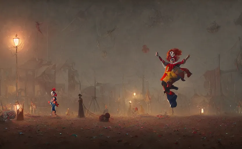 Prompt: A clown chasing screaming children across the circus grounds Greg Rutkowski, night time, highly detailed, level design, concept art, artstation, cgsociety, zenith view