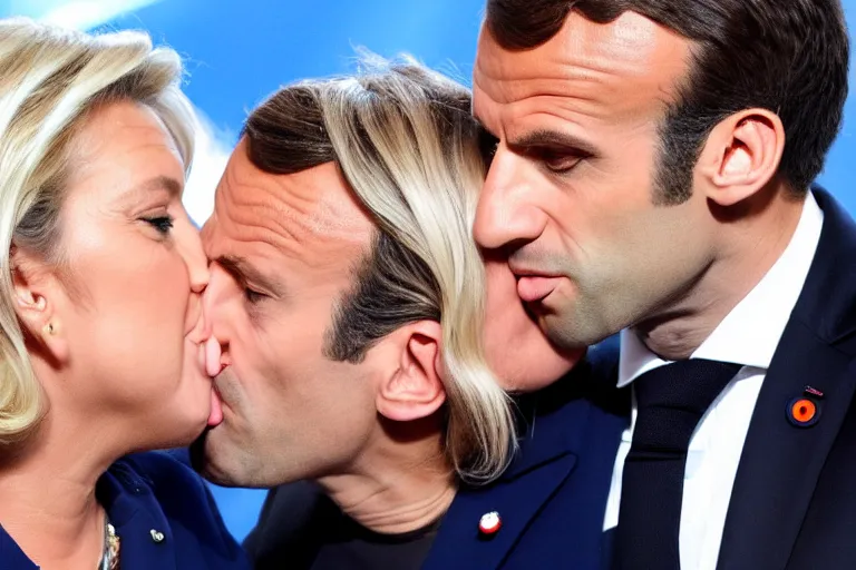 Prompt: Emmanuel Macron kissing Marine Lepen on the mouth , cartoon, white background