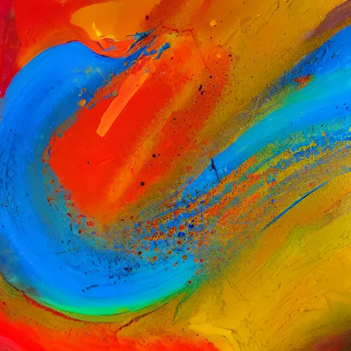 Prompt: blue, yellow, orange, red, acrylic paint pour art, 4k