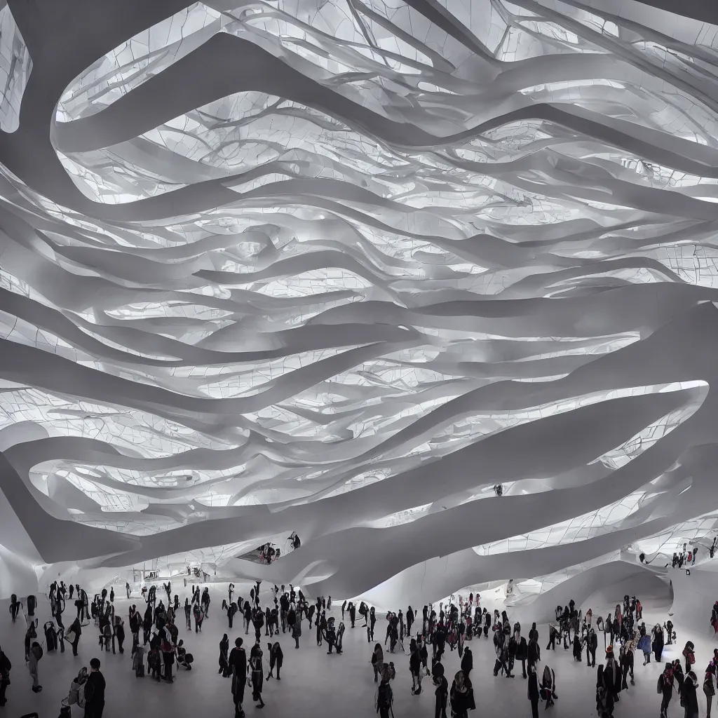 Image similar to “ the interior exhibition halls of a museum of emotions designed by zaha hadid and toyo ito, highly detailed in 4 k ”