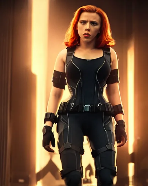 Image similar to film still of beautiful scarlett johansson wearing a fat - suit as black widow from 2 0 1 2's the avengers, cinematic lighting, octane render, backlit, rim lighting, 8 k resolution