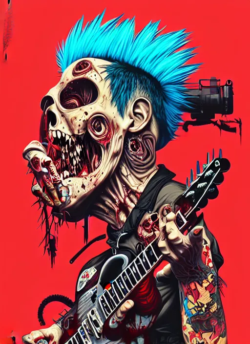 Image similar to a zombie punk rocker with a mohawk playing electric guitar, tristan eaton, victo ngai, artgerm, rhads, ross draws, cinematic by francis tneh
