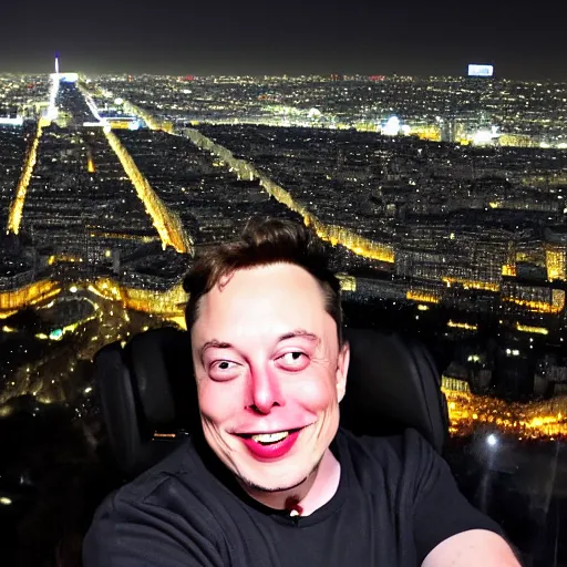 Prompt: selfie photo of Elon Musk drunk drunk drunk in the top of the Eiffel Tower of Paris, highly detailed skin and face