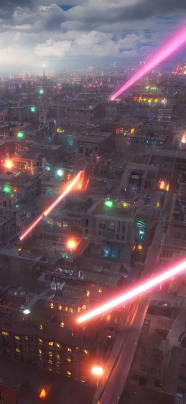 Image similar to unreal engine 5 render of a happy city during the day with lasers coming out of the clouds, digital art ”