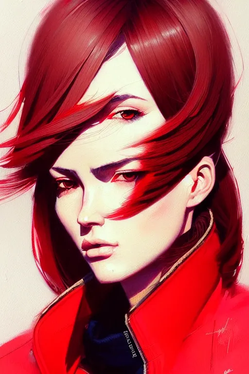 Prompt: a ultradetailed beautiful painting of a stylish woman with bangs in a red jacket, by greg rutkowski, conrad roset and ilya kuvshinov trending on artstation