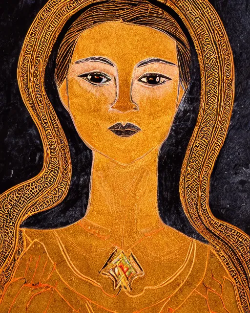 Prompt: sand painting portrait of woman in shining golden armor, high production value, intricate details, high resolution, hdr, high definition, masterpiece, realistic, ultrarealistic, highly detailed, hd, sharp focus, non blurry, sharp, smooth